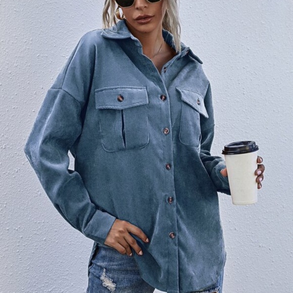 Dusty Blue Boyfriend fit oversized shacket jacket corduroy Minimalist - Picture 6 of 16